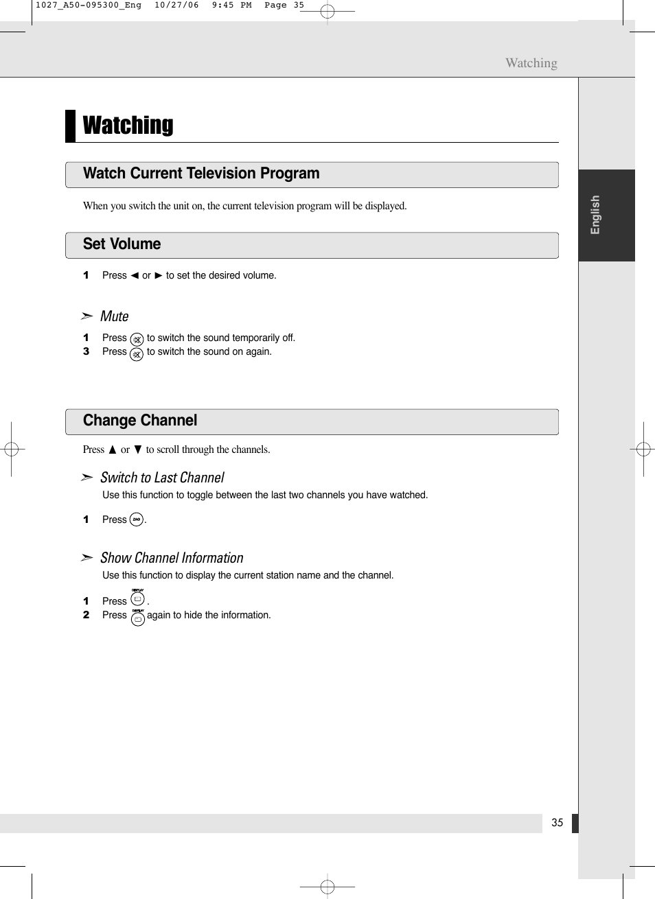 Watching, Watch current television program set volume, Change channel | Energy Speaker Systems LTV46DA User Manual | Page 37 / 48