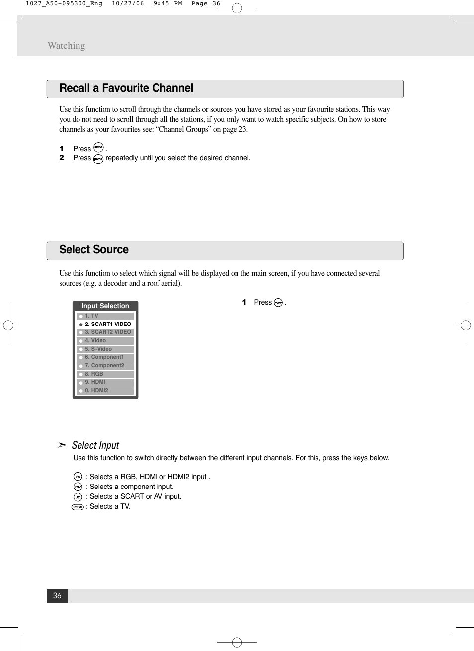 Recall a favourite channel select source, Select input, Watching | Energy Speaker Systems LTV46DA User Manual | Page 38 / 48