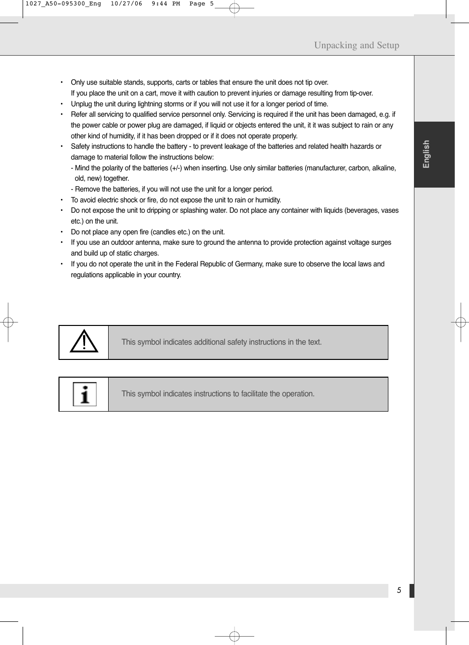 Unpacking and setup | Energy Speaker Systems LTV46DA User Manual | Page 7 / 48