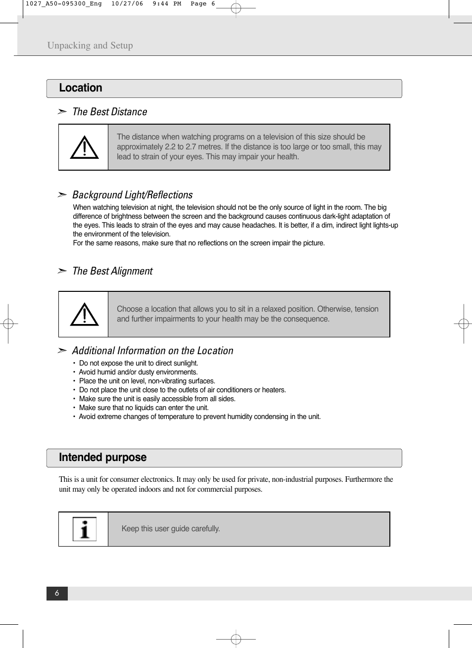 Location intended purpose | Energy Speaker Systems LTV46DA User Manual | Page 8 / 48