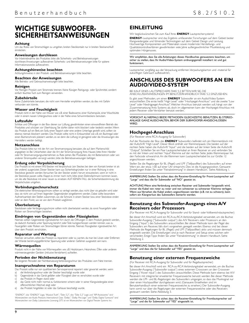 Wichtige subwoofer- sicherheitsanweisungen, Einleitung, Anschluss des subwoofers an ein audio/video-system | Hochpegel-anschluss, Benutzung einer externen frequenzweiche | Energy Speaker Systems S10.2 User Manual | Page 10 / 21