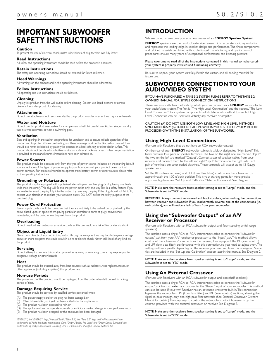 Important subwoofer safety instructions, Introduction, Subwoofer connection to your audio/video system | Using high level connections, Using an external crossover | Energy Speaker Systems S10.2 User Manual | Page 2 / 21