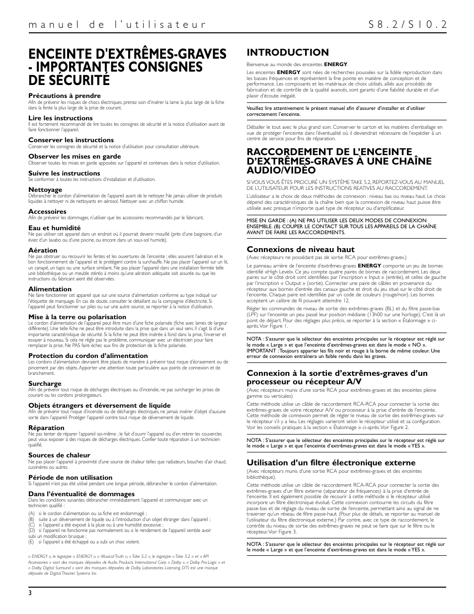 Introduction, Connexions de niveau haut, Utilisation d’un filtre électronique externe | Energy Speaker Systems S10.2 User Manual | Page 4 / 21