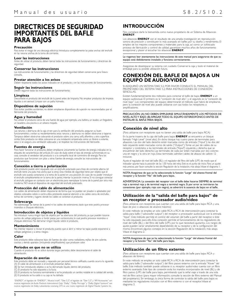 Introducción, Conexión de nivel alto, Utilización de un filtro externo | Energy Speaker Systems S10.2 User Manual | Page 6 / 21
