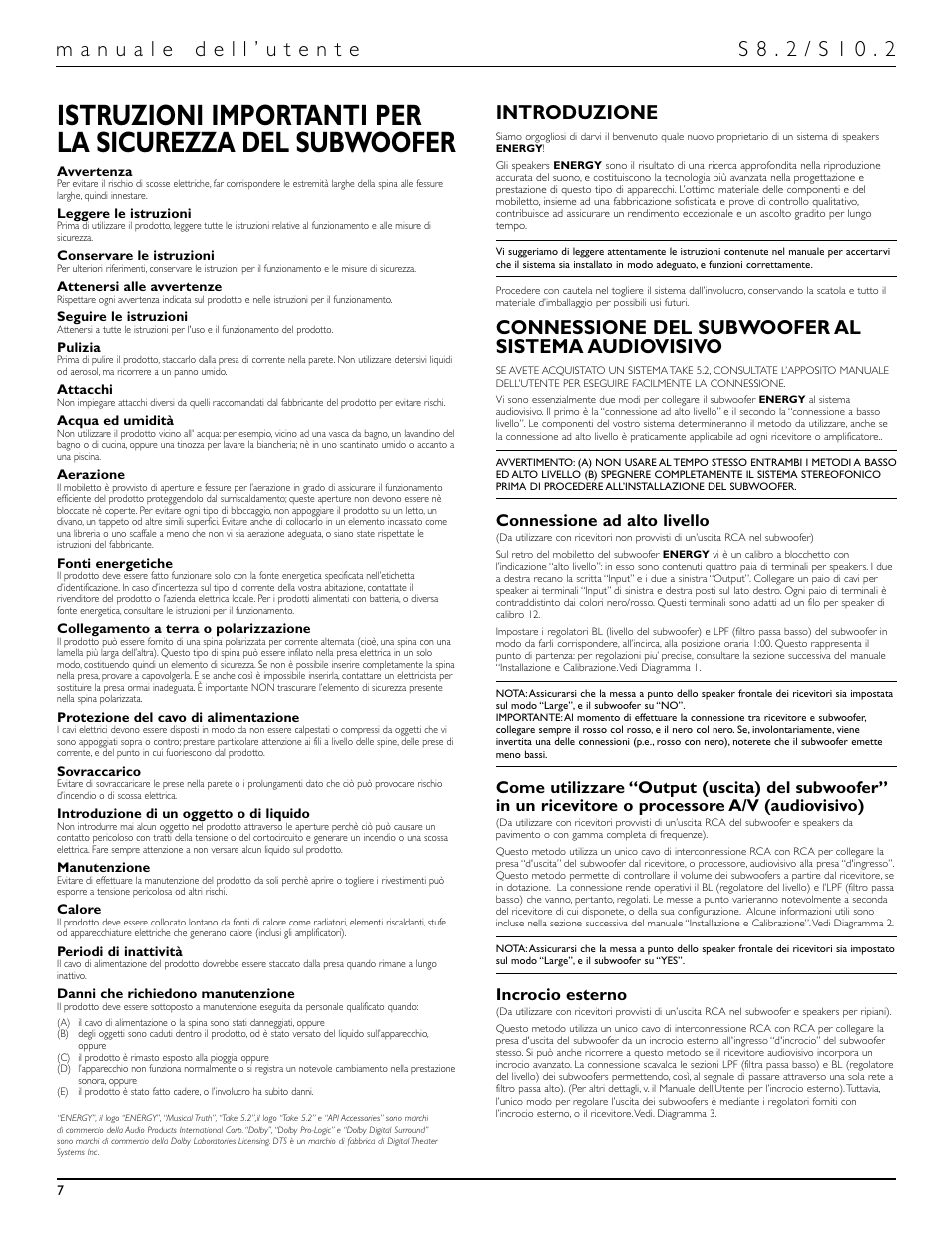 Introduzione, Connessione del subwoofer al sistema audiovisivo, Connessione ad alto livello | Incrocio esterno | Energy Speaker Systems S10.2 User Manual | Page 8 / 21