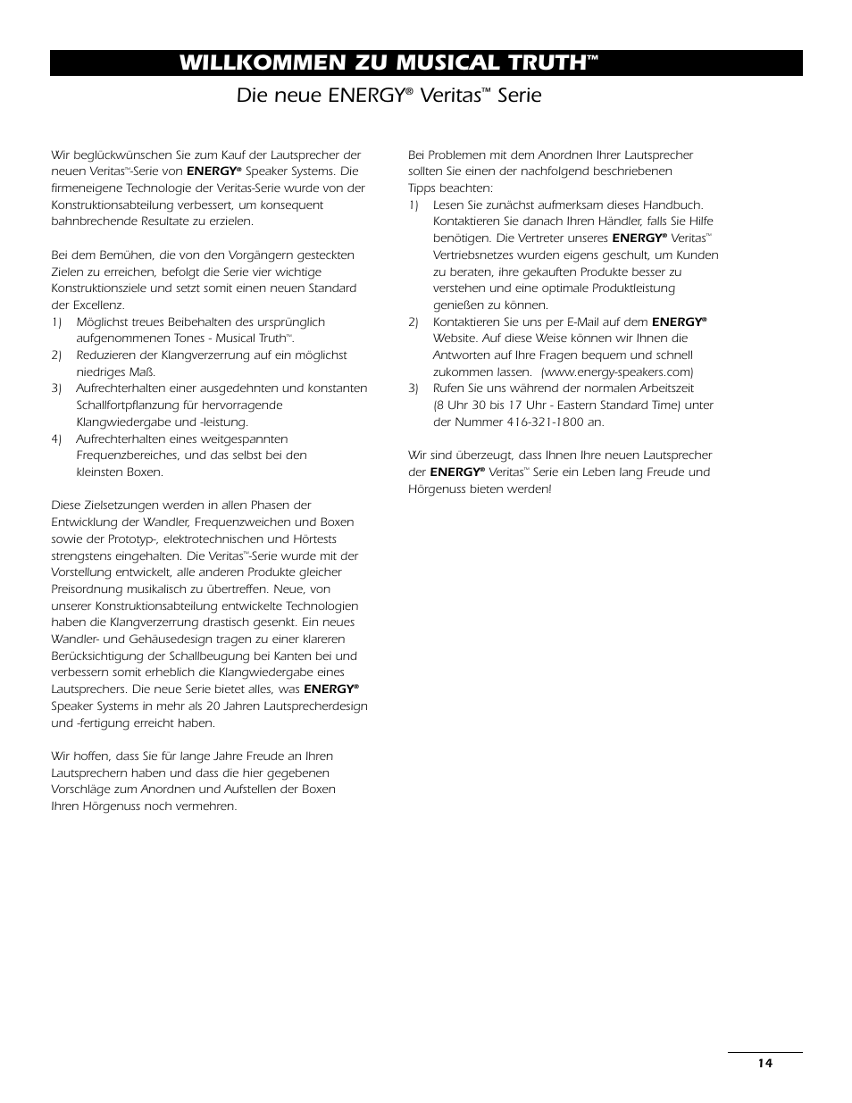 Willkommen zu musical truth, Die neue energy, Veritas | Serie | Energy Speaker Systems 7AI User Manual | Page 13 / 69