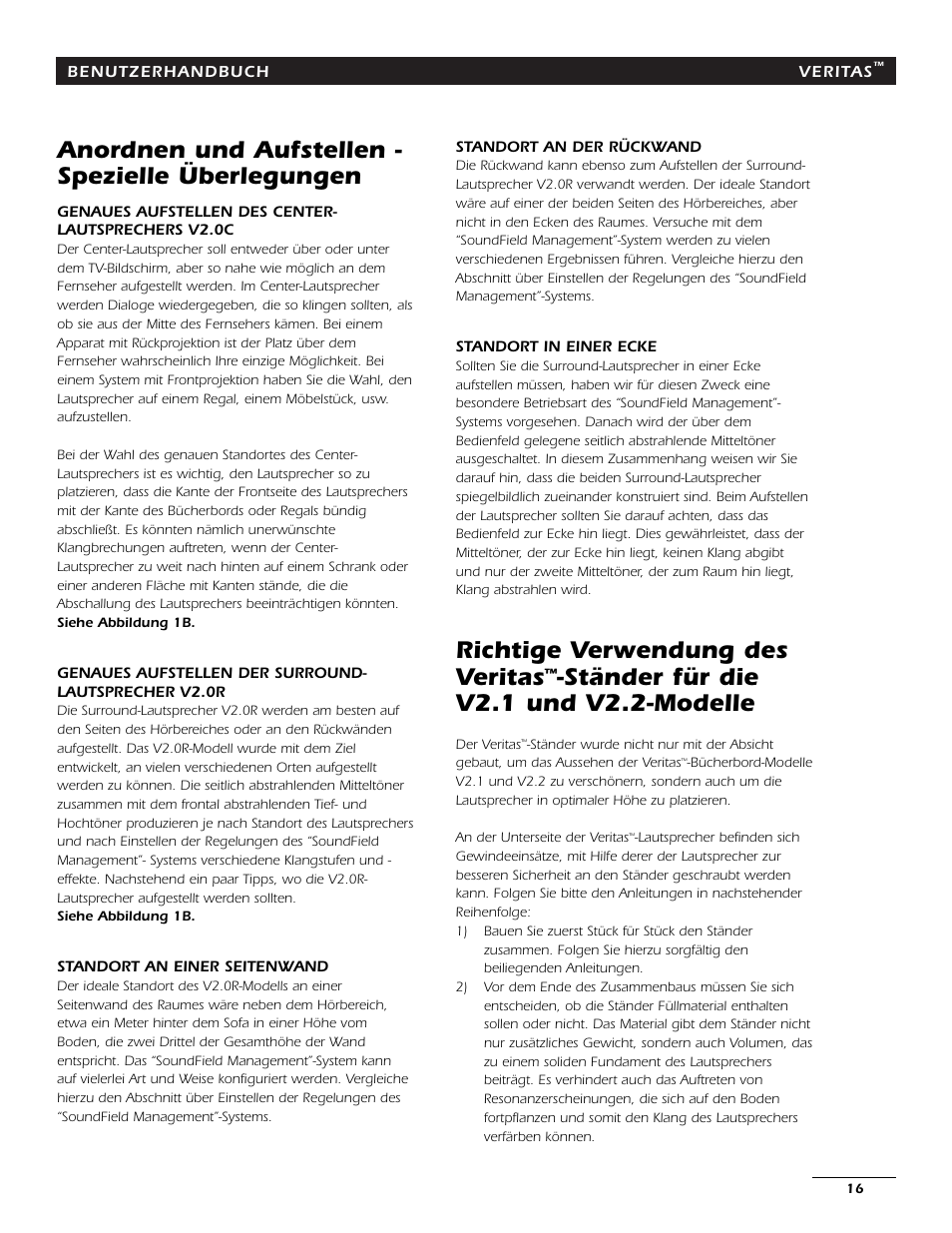 Anordnen und aufstellen - spezielle überlegungen, Richtige verwendung des veritas, Ständer für die v2.1 und v2.2-modelle | Energy Speaker Systems 7AI User Manual | Page 15 / 69