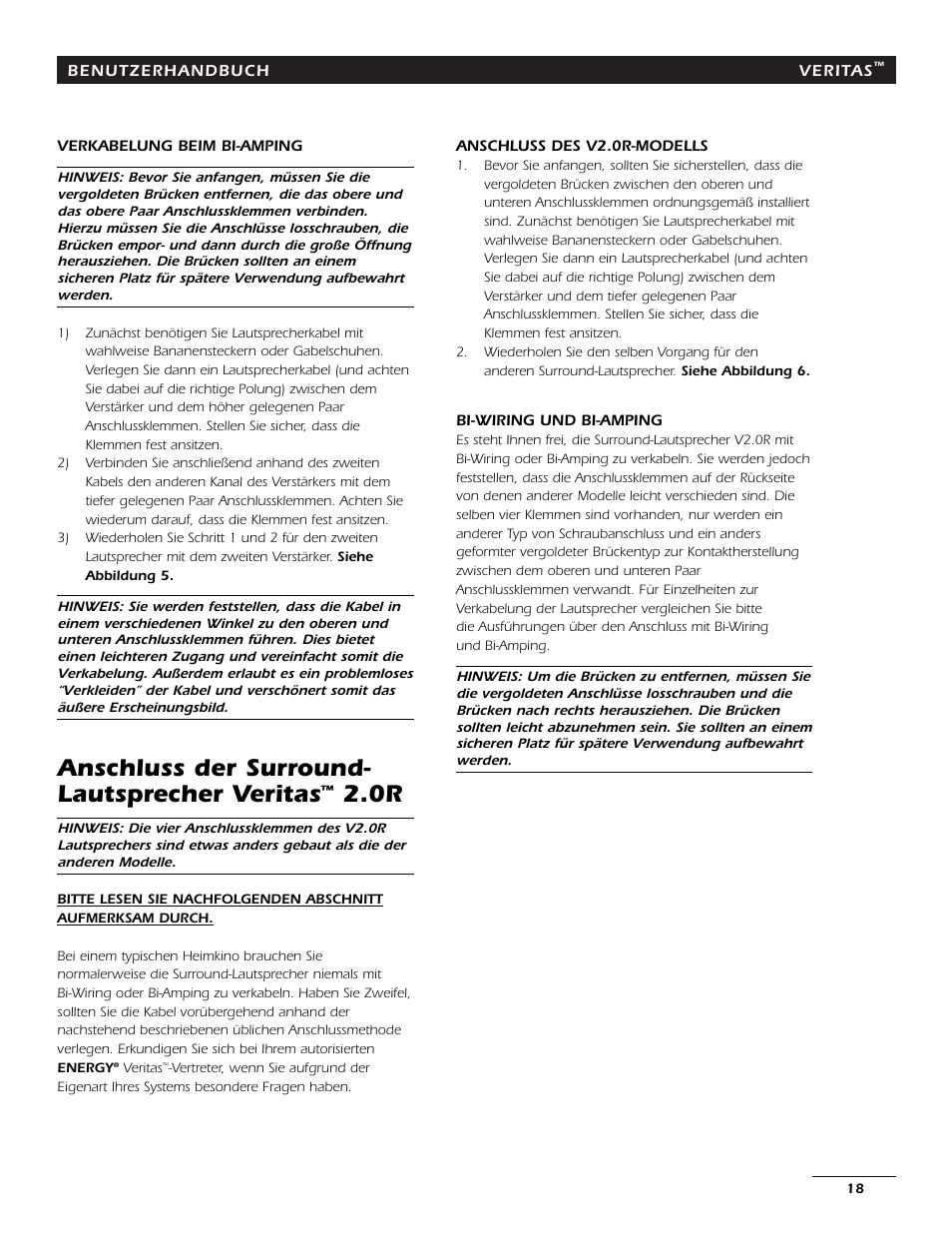 Anschluss der surround- lautsprecher veritas | Energy Speaker Systems 7AI User Manual | Page 17 / 69