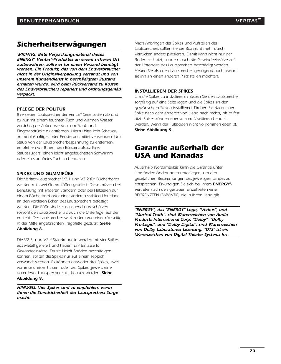 Sicherheitserwägungen, Garantie außerhalb der usa und kanadas | Energy Speaker Systems 7AI User Manual | Page 19 / 69