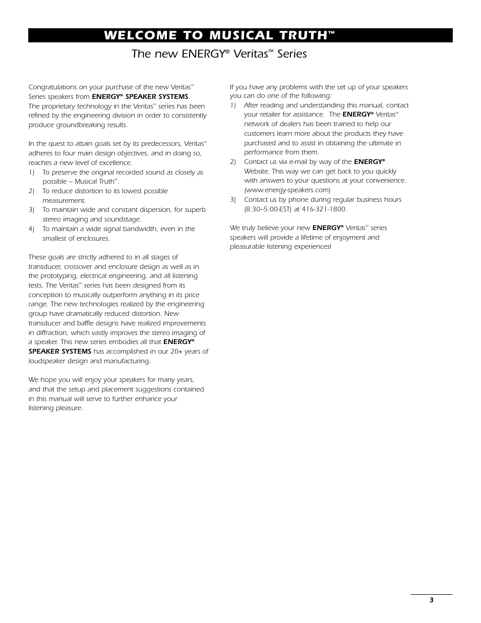 Welcome to musical truth, The new energy, Veritas | Series | Energy Speaker Systems 7AI User Manual | Page 2 / 69