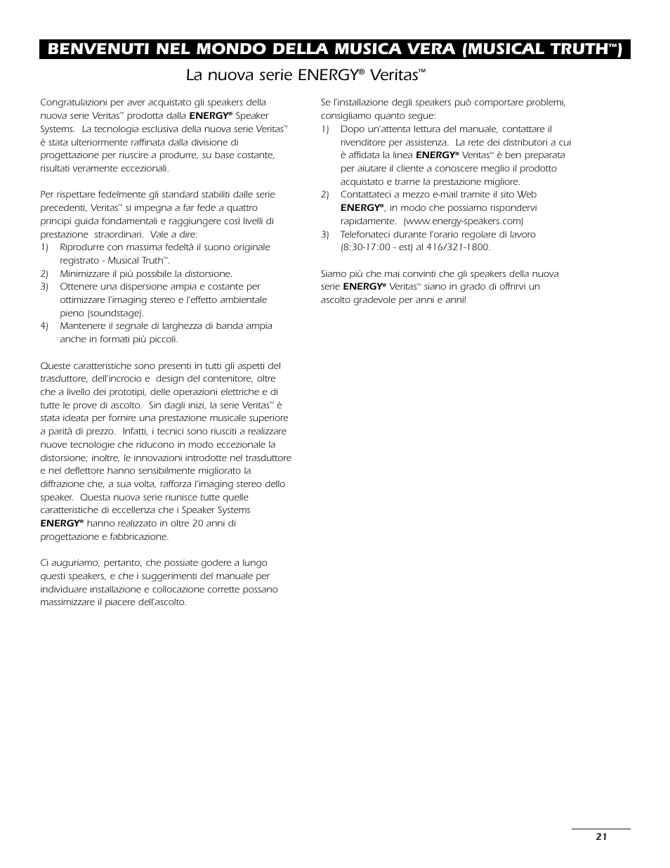La nuova serie energy, Veritas | Energy Speaker Systems 7AI User Manual | Page 20 / 69