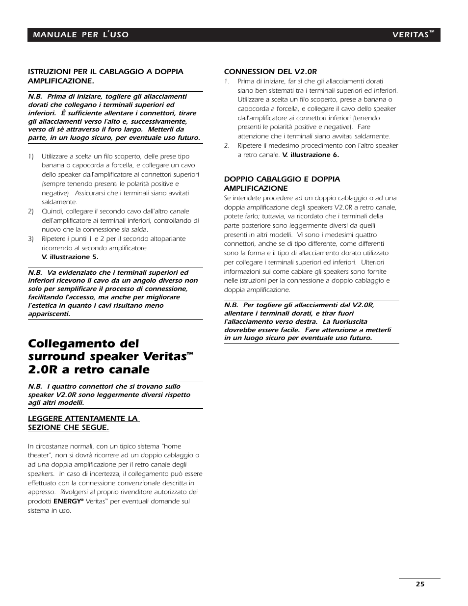 Collegamento del surround speaker veritas, 0r a retro canale | Energy Speaker Systems 7AI User Manual | Page 24 / 69
