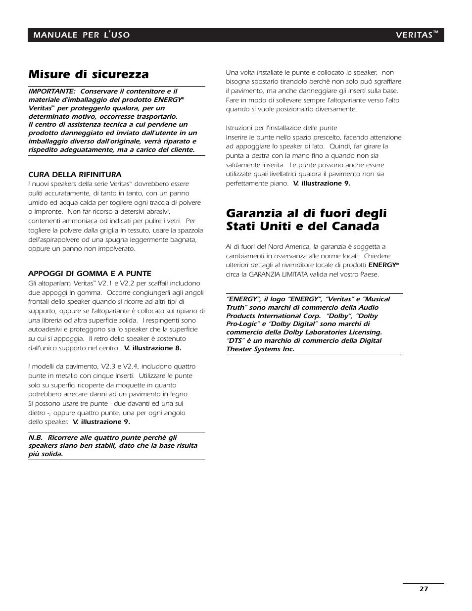 Misure di sicurezza | Energy Speaker Systems 7AI User Manual | Page 26 / 69