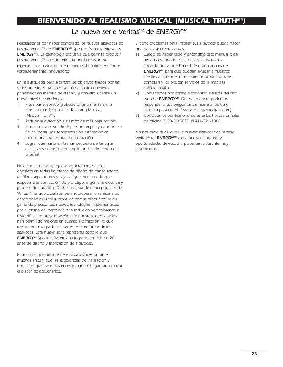Bienvenido al realismo musical (musical truth, La nueva serie veritas, De energy | Energy Speaker Systems 7AI User Manual | Page 27 / 69