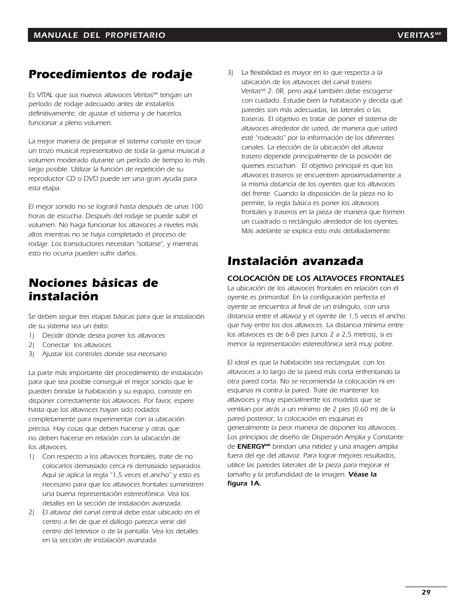 Procedimientos de rodaje, Nociones básicas de instalación, Instalación avanzada | Energy Speaker Systems 7AI User Manual | Page 28 / 69