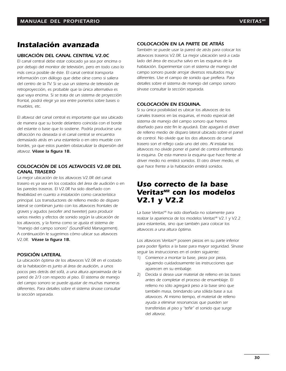 Instalación avanzada, Uso correcto de la base veritas, Con los modelos v2.1 y v2.2 | Energy Speaker Systems 7AI User Manual | Page 29 / 69