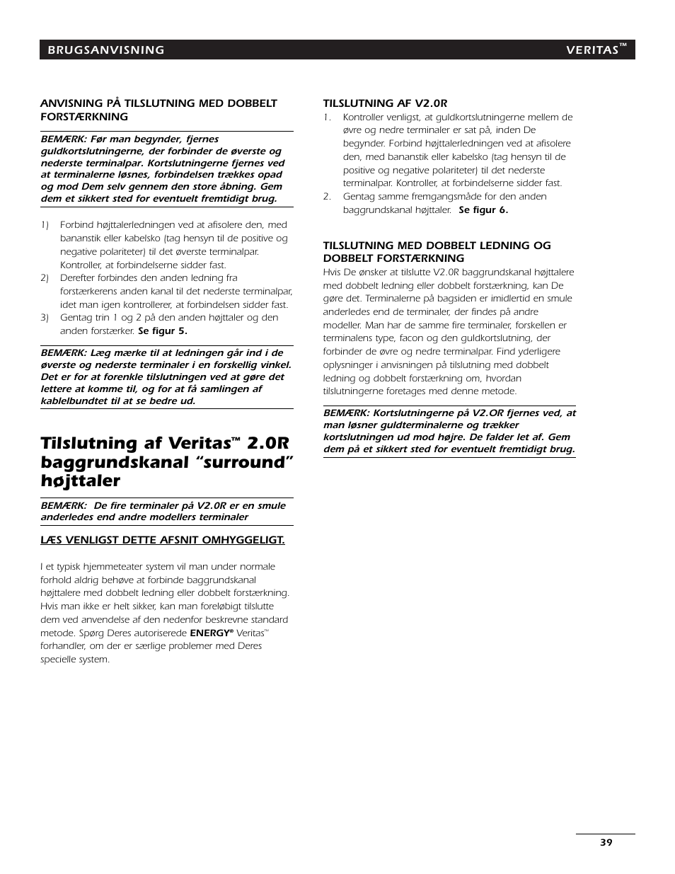 Tilslutning af veritas, 0r baggrundskanal “surround” højttaler | Energy Speaker Systems 7AI User Manual | Page 38 / 69