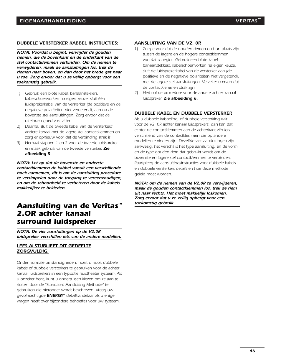Aansluiting van de veritas, Or achter kanaal surround luidspreker | Energy Speaker Systems 7AI User Manual | Page 45 / 69