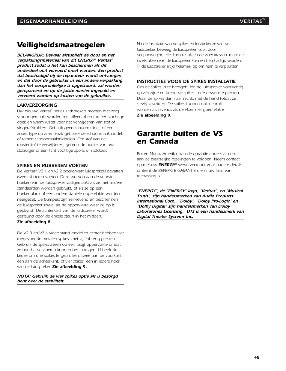 Veiligheidsmaatregelen, Garantie buiten de vs en canada | Energy Speaker Systems 7AI User Manual | Page 47 / 69