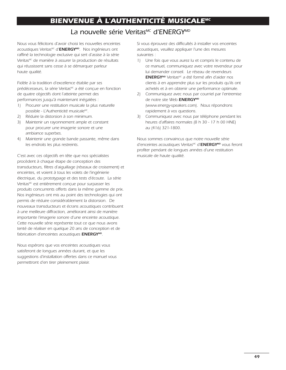 Bienvenue à l'authenticité musicale, La nouvelle série veritas, D'energy | Energy Speaker Systems 7AI User Manual | Page 48 / 69