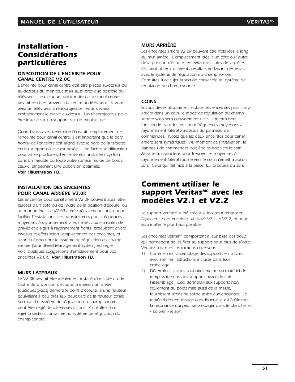 Installation - considérations particulières, Comment utiliser le support veritas, Avec les modèles v2.1 et v2.2 | Energy Speaker Systems 7AI User Manual | Page 50 / 69