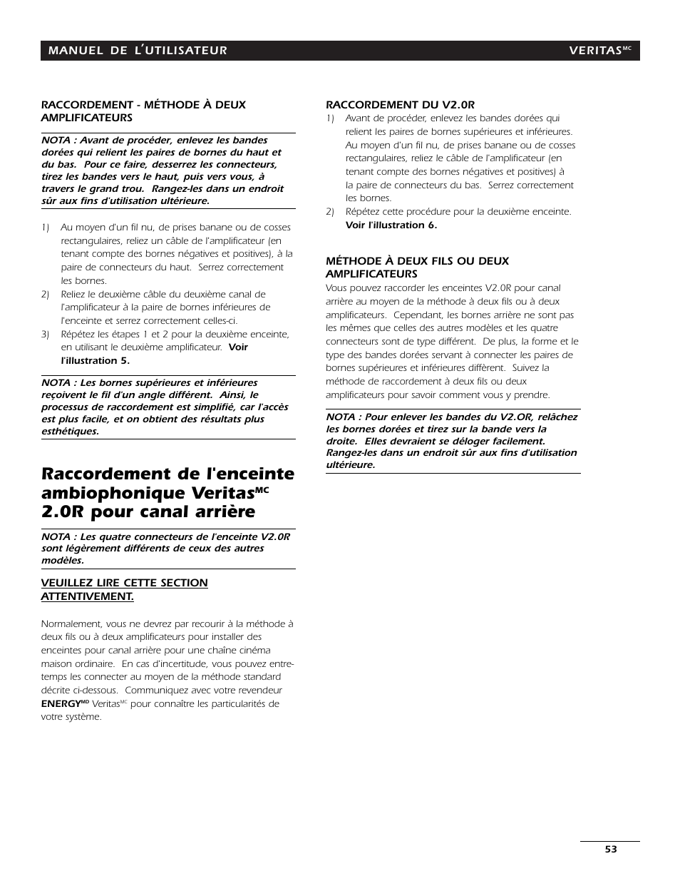 Raccordement de l'enceinte ambiophonique veritas, 0r pour canal arrière | Energy Speaker Systems 7AI User Manual | Page 52 / 69