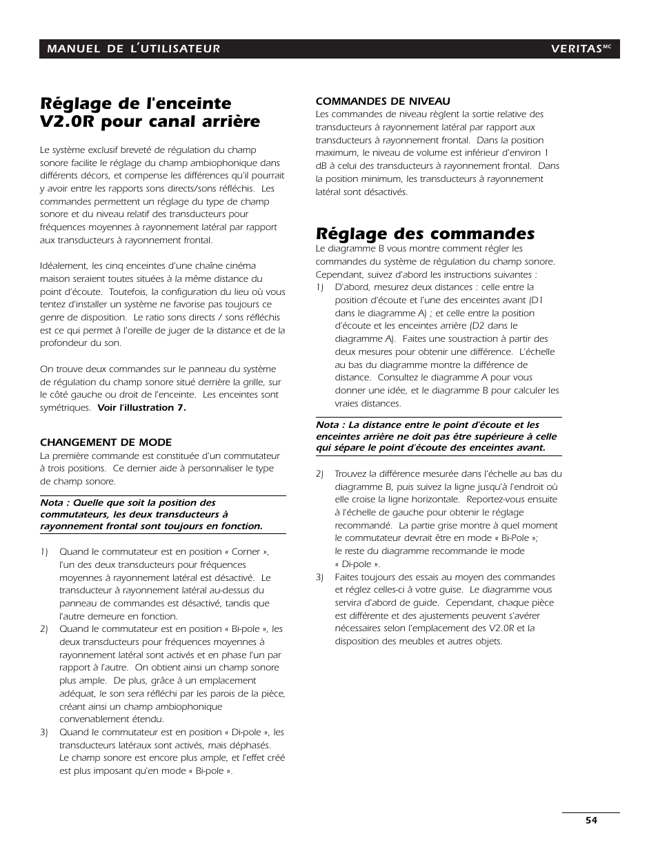 Réglage de l'enceinte v2.0r pour canal arrière, Réglage des commandes | Energy Speaker Systems 7AI User Manual | Page 53 / 69