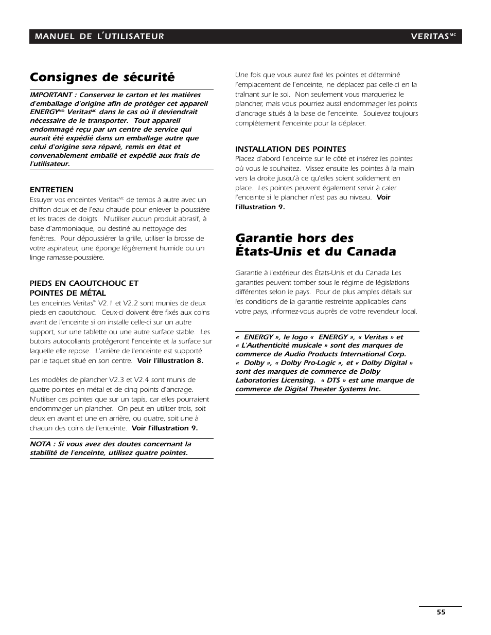 Consignes de sécurité, Garantie hors des états-unis et du canada | Energy Speaker Systems 7AI User Manual | Page 54 / 69