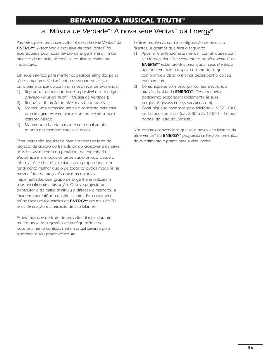Bem-vindo à musical truth, A “música de verdade”: a nova série veritas, Da energy | Energy Speaker Systems 7AI User Manual | Page 55 / 69