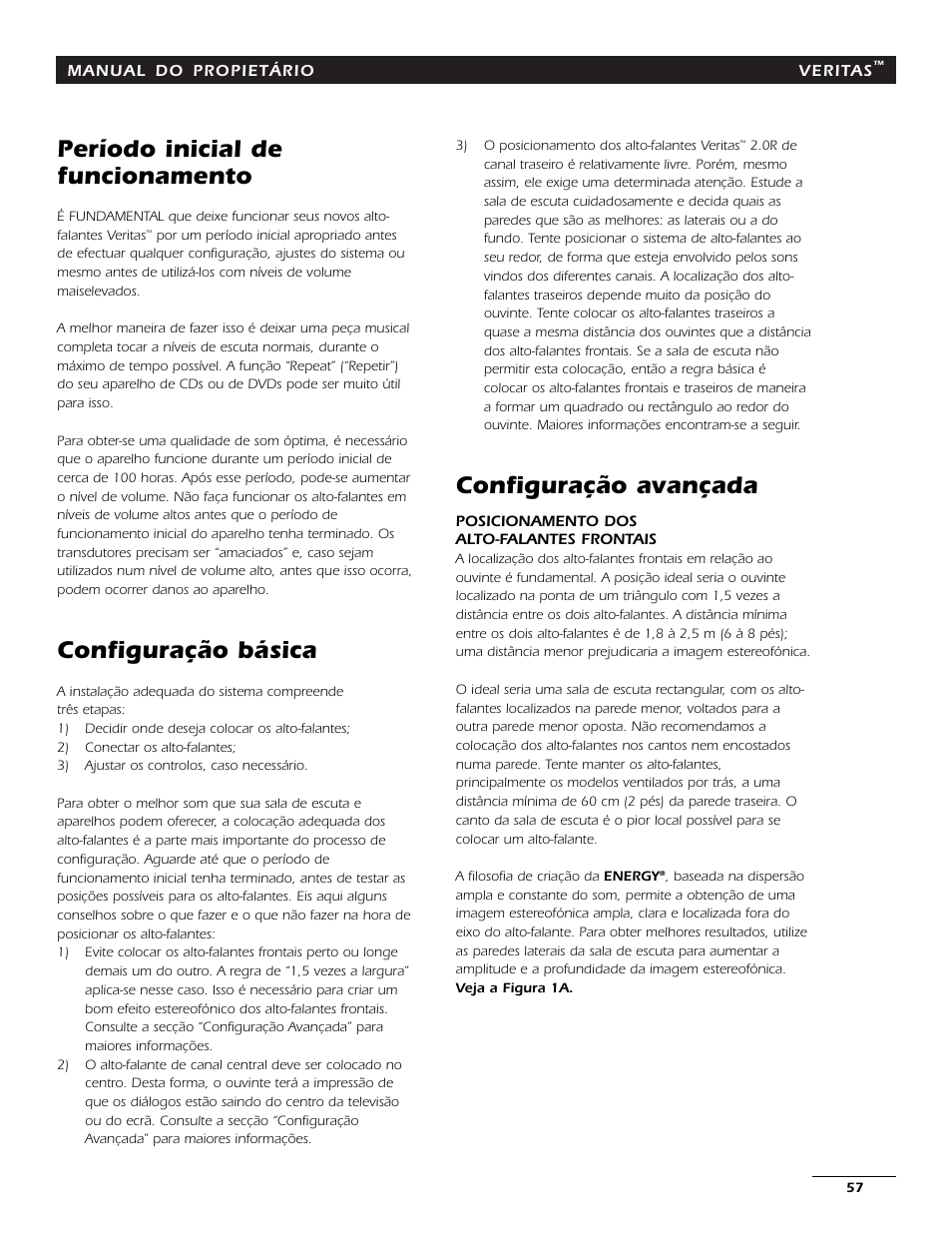 Período inicial de funcionamento, Configuração básica, Configuração avançada | Energy Speaker Systems 7AI User Manual | Page 56 / 69