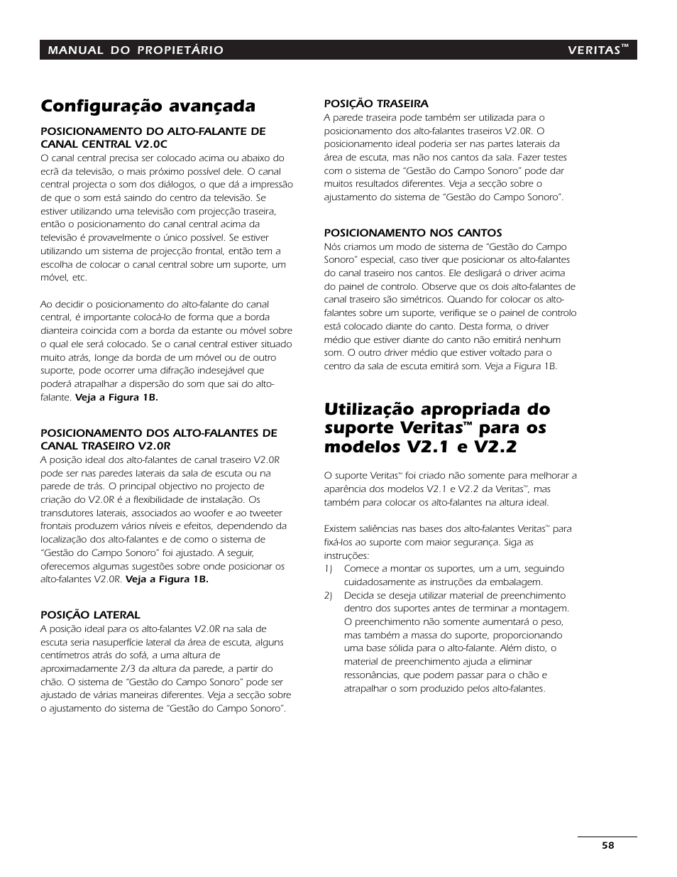 Configuração avançada, Utilização apropriada do suporte veritas, Para os modelos v2.1 e v2.2 | Energy Speaker Systems 7AI User Manual | Page 57 / 69