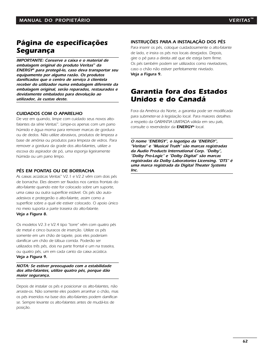 Página de especificações segurança, Garantia fora dos estados unidos e do canadá | Energy Speaker Systems 7AI User Manual | Page 61 / 69