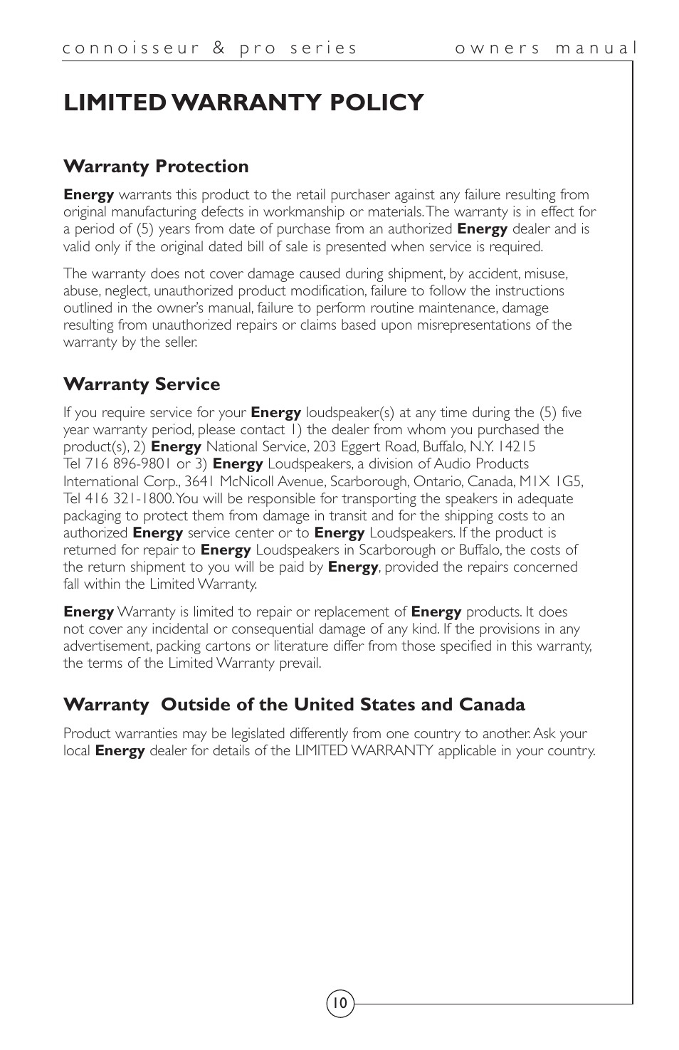 Limited warranty policy | Energy Speaker Systems Connoisseur Series User Manual | Page 11 / 12