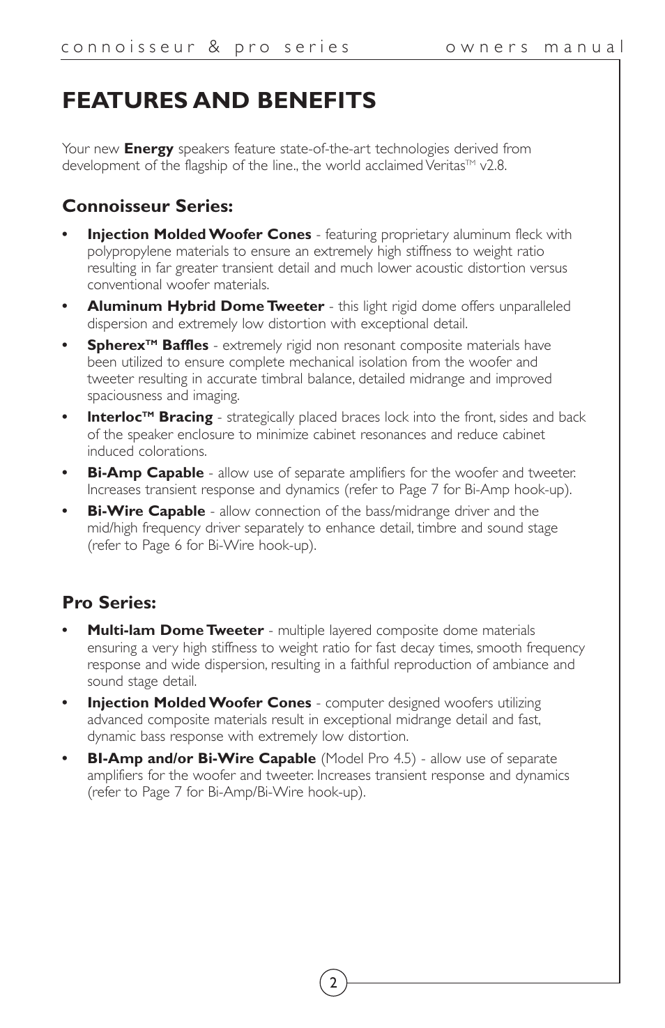 Features and benefits, Connoisseur series, Pro series | Energy Speaker Systems Connoisseur Series User Manual | Page 3 / 12