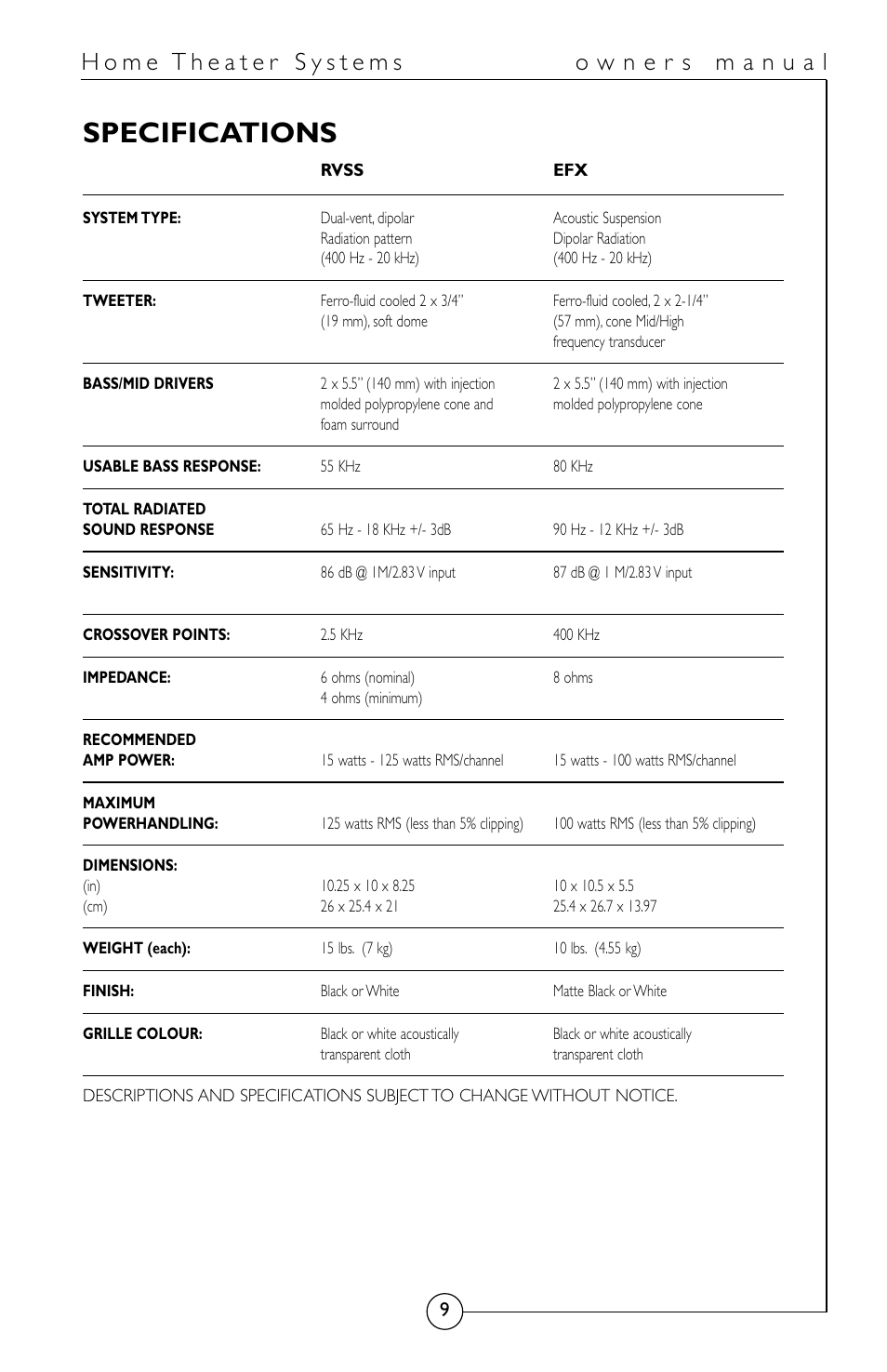 Specifications | Energy Speaker Systems HomeTheater System User Manual | Page 10 / 12