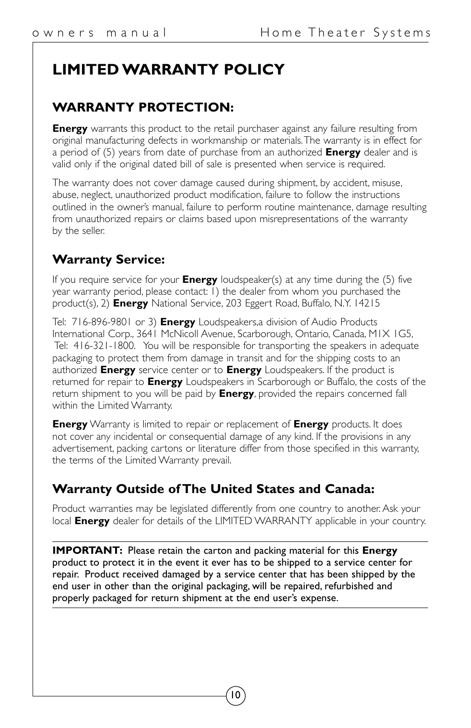 Limited warranty policy | Energy Speaker Systems HomeTheater System User Manual | Page 11 / 12