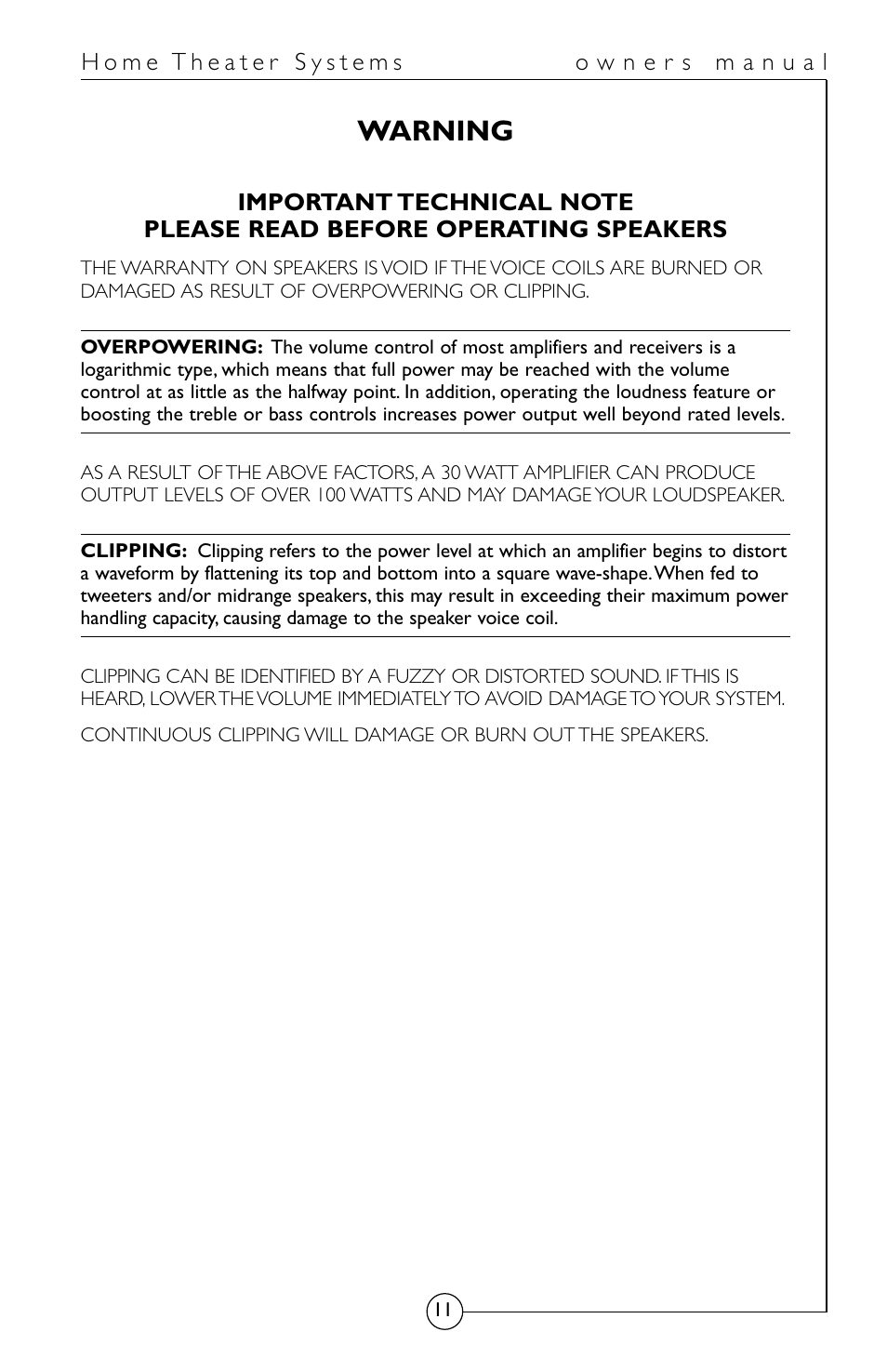 Warning | Energy Speaker Systems HomeTheater System User Manual | Page 12 / 12