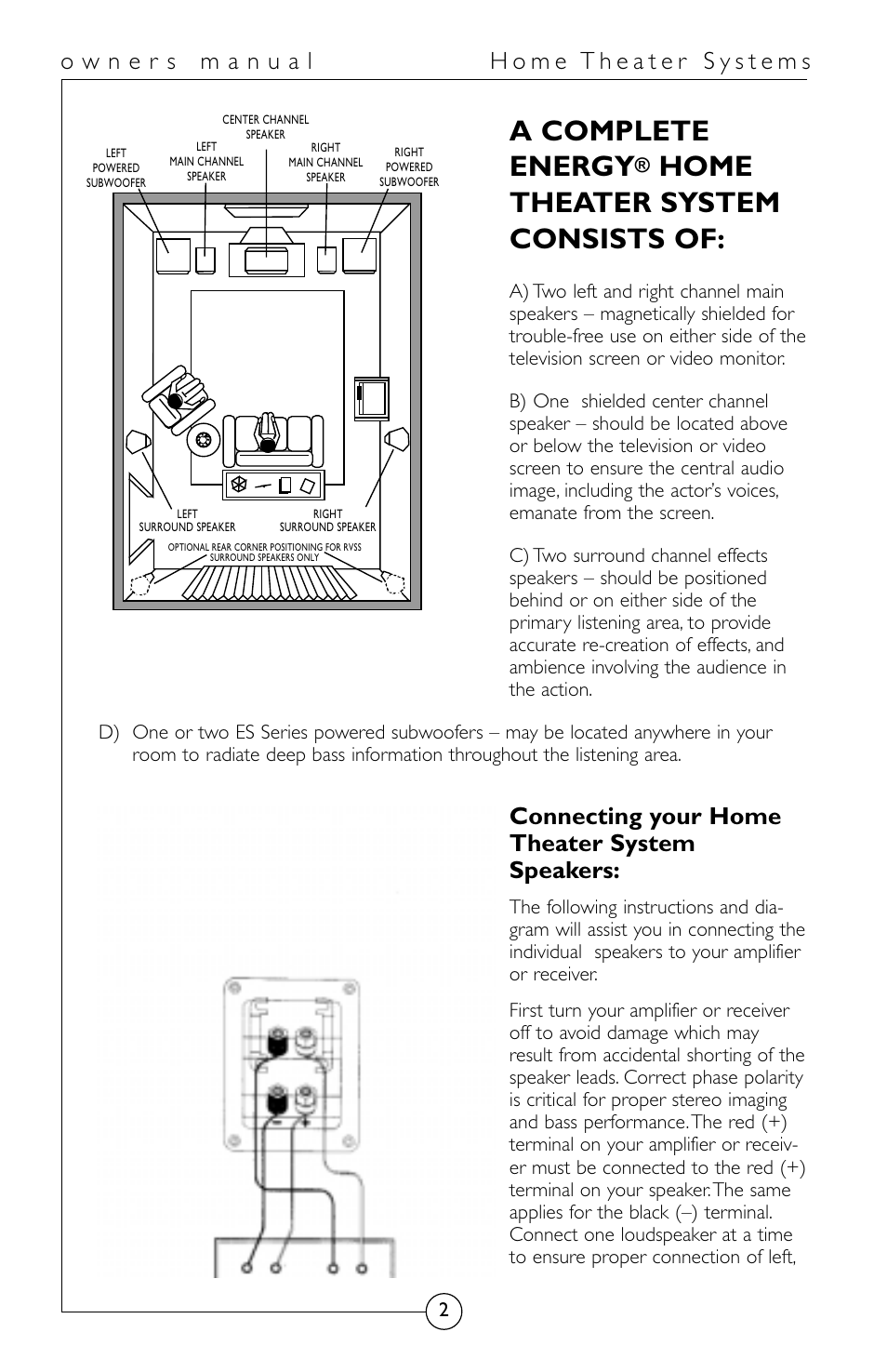 A complete energy, Home theater system consists of, Connecting your home theater system speakers | Energy Speaker Systems HomeTheater System User Manual | Page 3 / 12