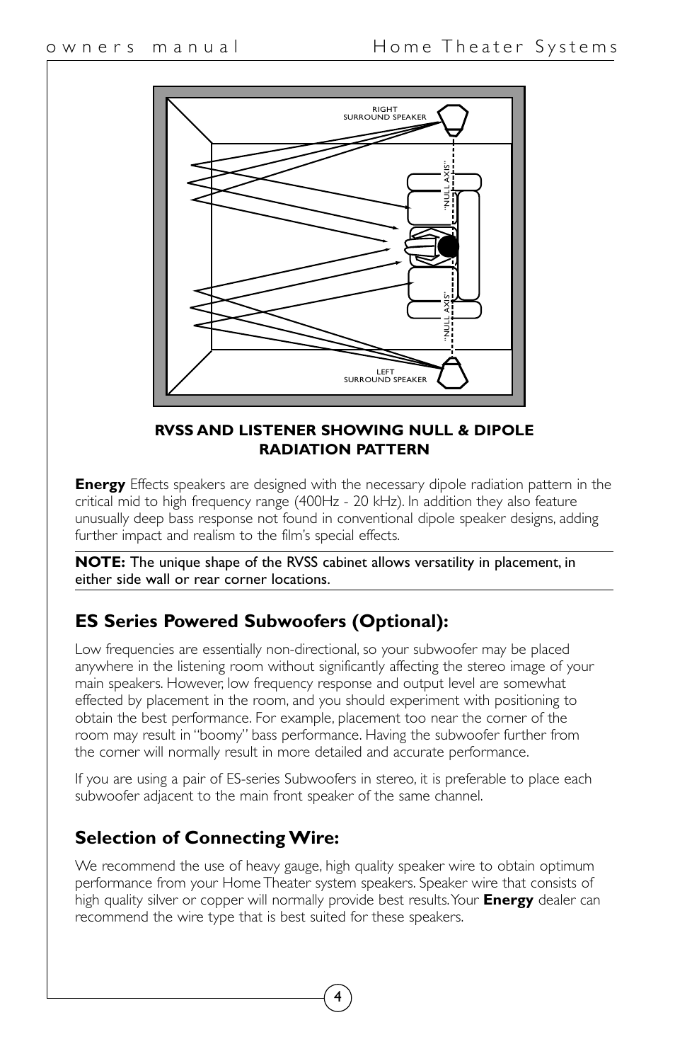 Es series powered subwoofers (optional), Selection of connecting wire | Energy Speaker Systems HomeTheater System User Manual | Page 5 / 12