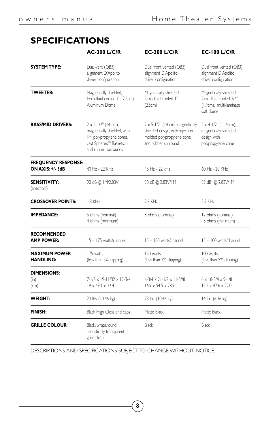 Specifications | Energy Speaker Systems HomeTheater System User Manual | Page 9 / 12