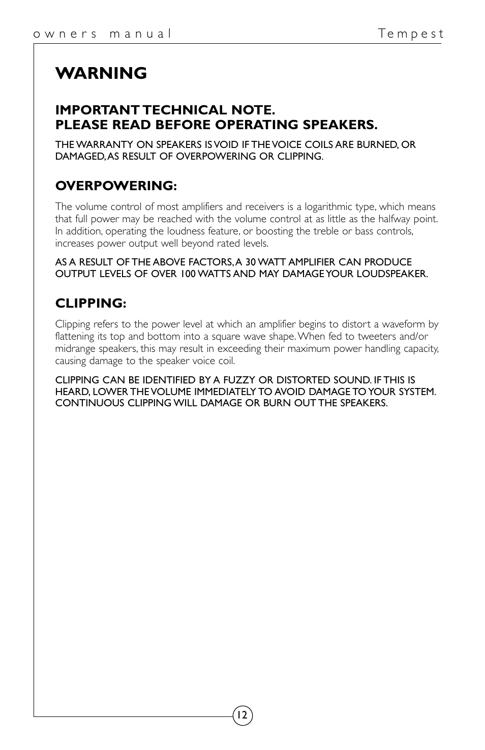 Warning | Energy Speaker Systems indoor / outdoor loudspeaker User Manual | Page 13 / 13