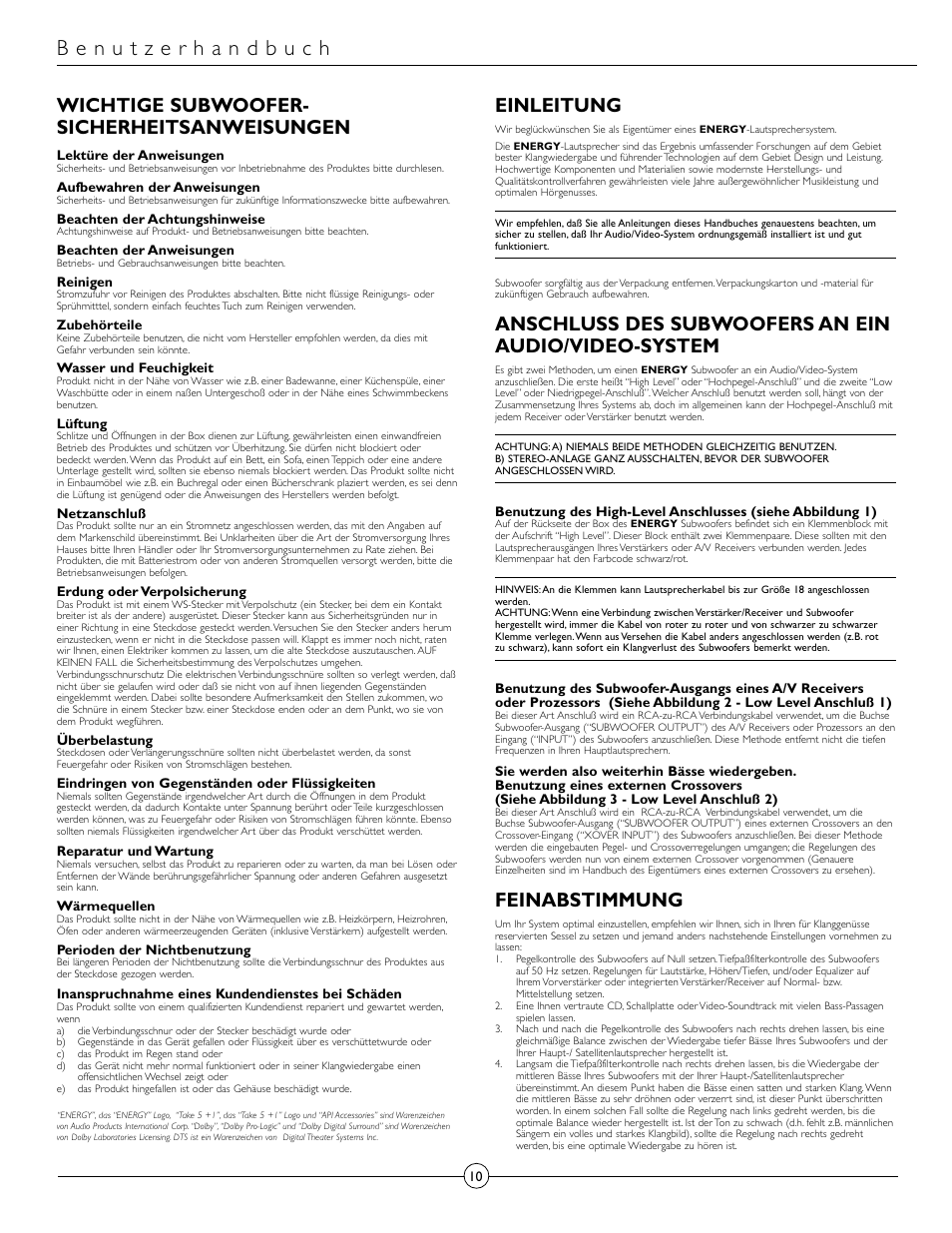 Wichtige subwoofer- sicherheitsanweisungen, Einleitung, Anschluss des subwoofers an ein audio/video-system | Feinabstimmung | Energy Speaker Systems Energy RC-Micro TAKE 5+1 User Manual | Page 10 / 22
