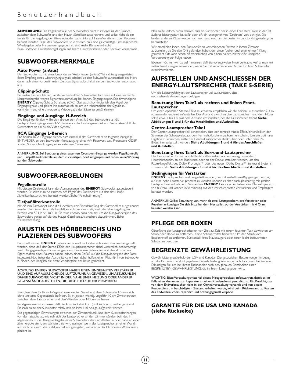 Subwoofer-merkmale, Subwoofer-regelungen, Pflege der boxen | Begrenzte gewährleistung, Garantie für die usa und kanada (siehe rückseite) | Energy Speaker Systems Energy RC-Micro TAKE 5+1 User Manual | Page 11 / 22