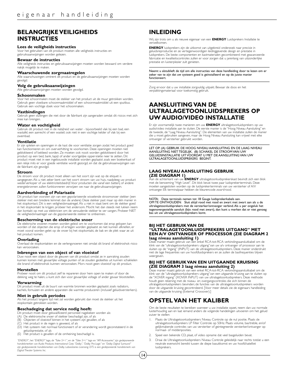 Belangrijke veiligheids instructies, Inleiding, Opstel van het kaliber | Energy Speaker Systems Energy RC-Micro TAKE 5+1 User Manual | Page 14 / 22