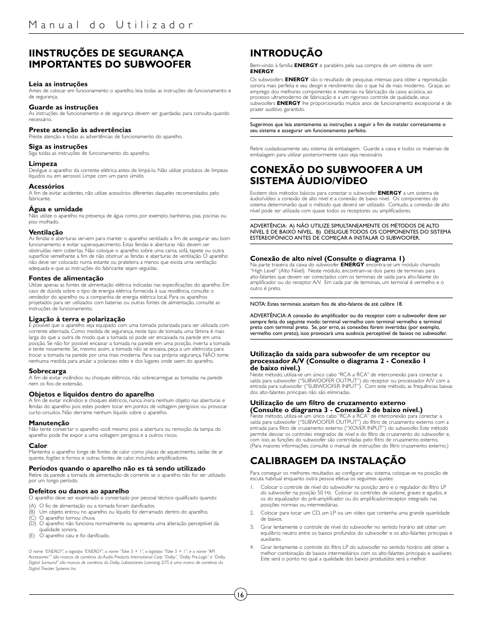Iinstruções de segurança importantes do subwoofer, Introdução, Conexão do subwoofer a um sistema áudio/vídeo | Calibragem da instalação | Energy Speaker Systems Energy RC-Micro TAKE 5+1 User Manual | Page 16 / 22