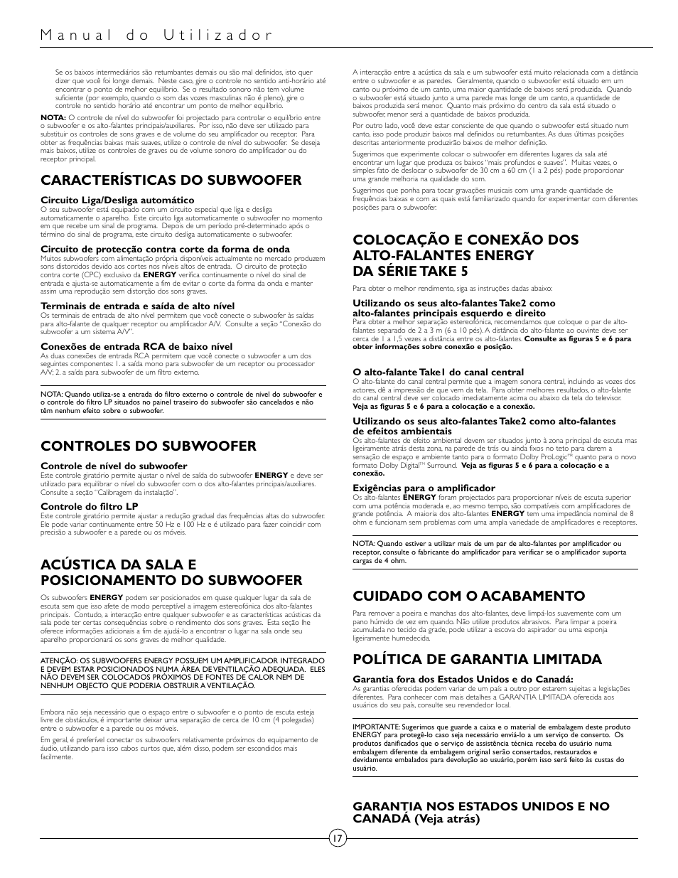 Características do subwoofer, Controles do subwoofer, Acústica da sala e posicionamento do subwoofer | Cuidado com o acabamento, Política de garantia limitada | Energy Speaker Systems Energy RC-Micro TAKE 5+1 User Manual | Page 17 / 22