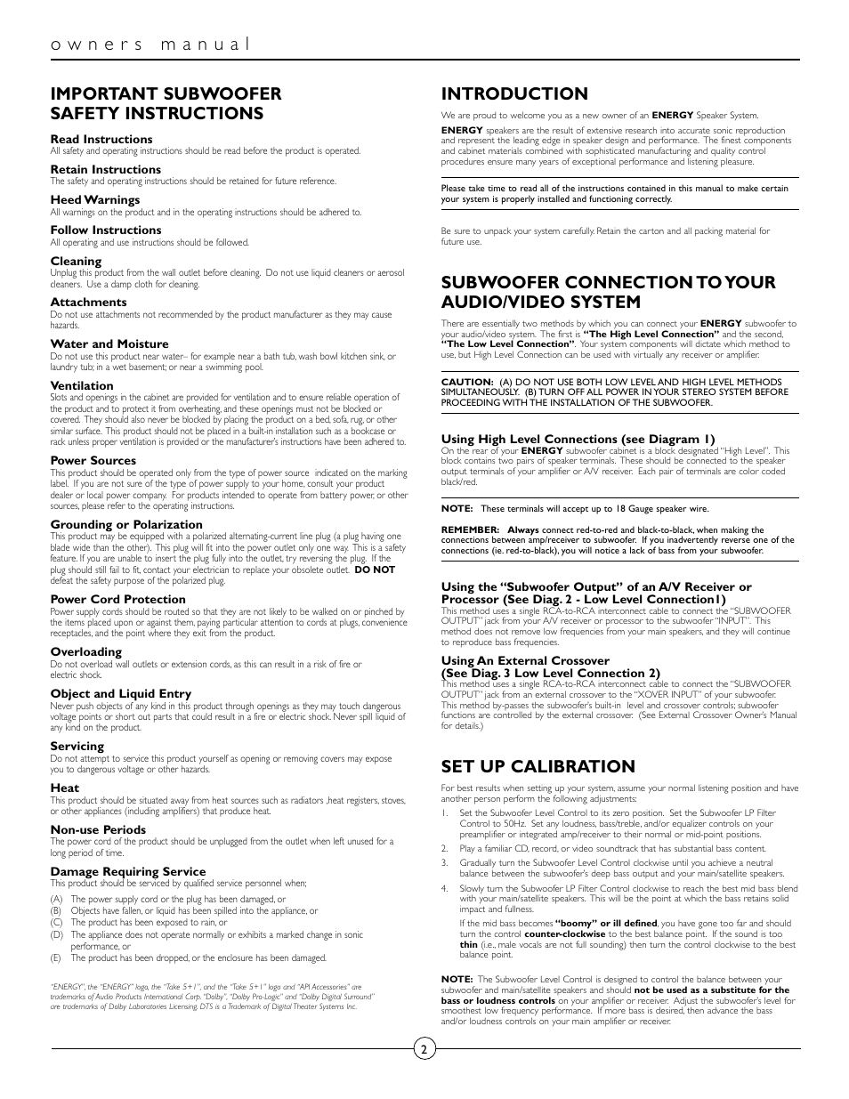 Important subwoofer safety instructions, Introduction, Subwoofer connection to your audio/video system | Set up calibration | Energy Speaker Systems Energy RC-Micro TAKE 5+1 User Manual | Page 2 / 22