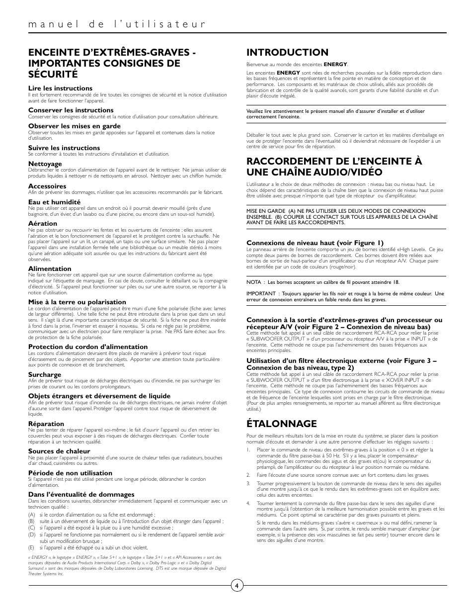 Introduction, Étalonnage | Energy Speaker Systems Energy RC-Micro TAKE 5+1 User Manual | Page 4 / 22
