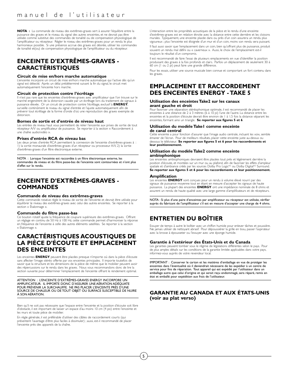 Enceinte d’extrêmes-graves - caractéristiques, Enceinte d’extrêmes-graves - commandes, Entretien du boîtier | Energy Speaker Systems Energy RC-Micro TAKE 5+1 User Manual | Page 5 / 22