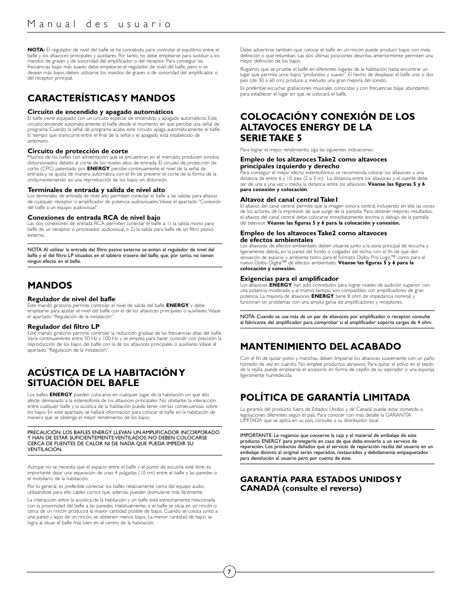Características y mandos, Mandos, Acústica de la habitación y situación del bafle | Mantenimiento del acabado, Política de garantía limitada | Energy Speaker Systems Energy RC-Micro TAKE 5+1 User Manual | Page 7 / 22
